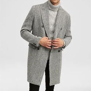 Black and White Wool Herringbone Topcoat